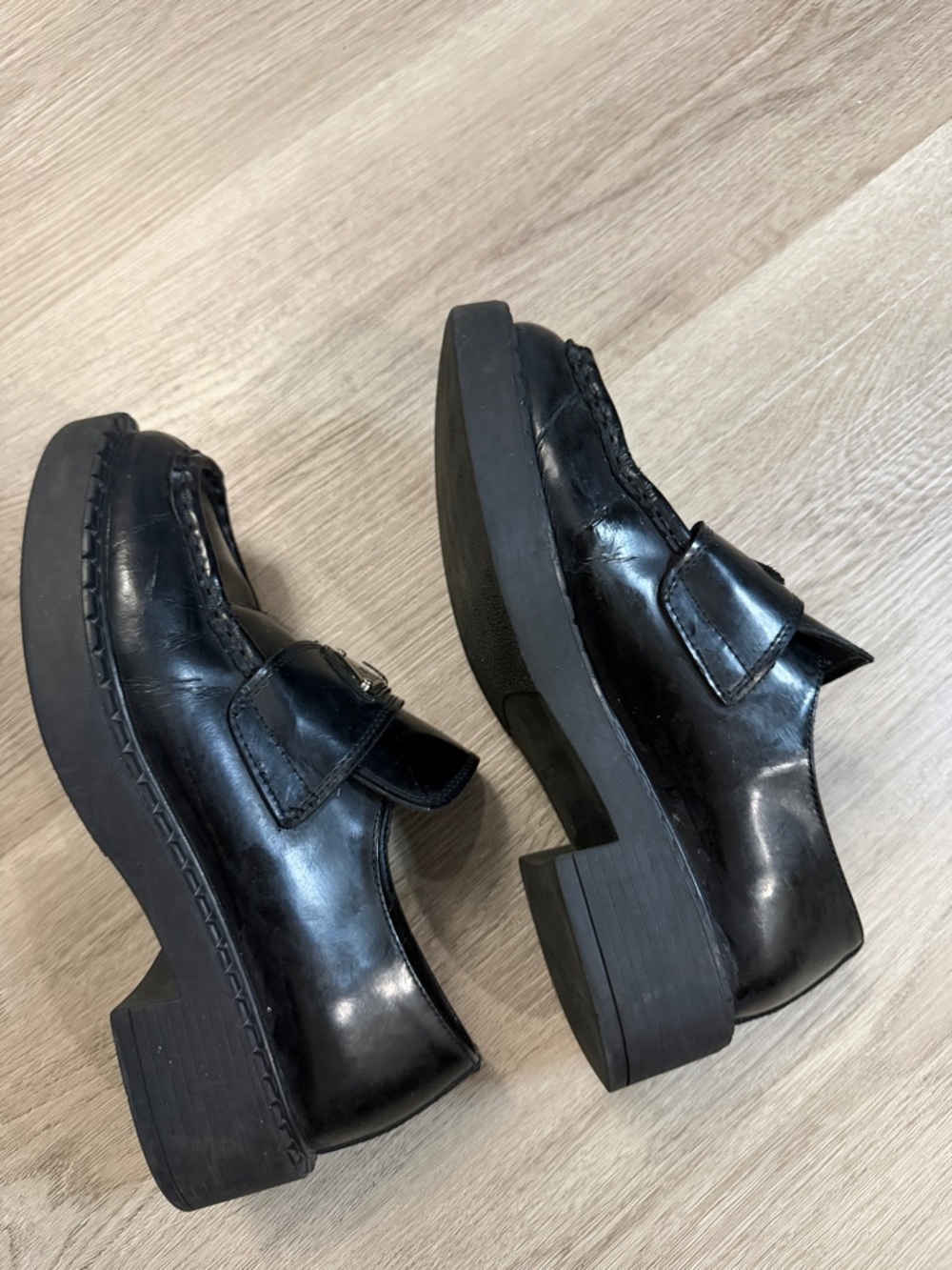Prada Black Leather Penny Loafers with Metal Triangle Logo - Picture 14 of 16